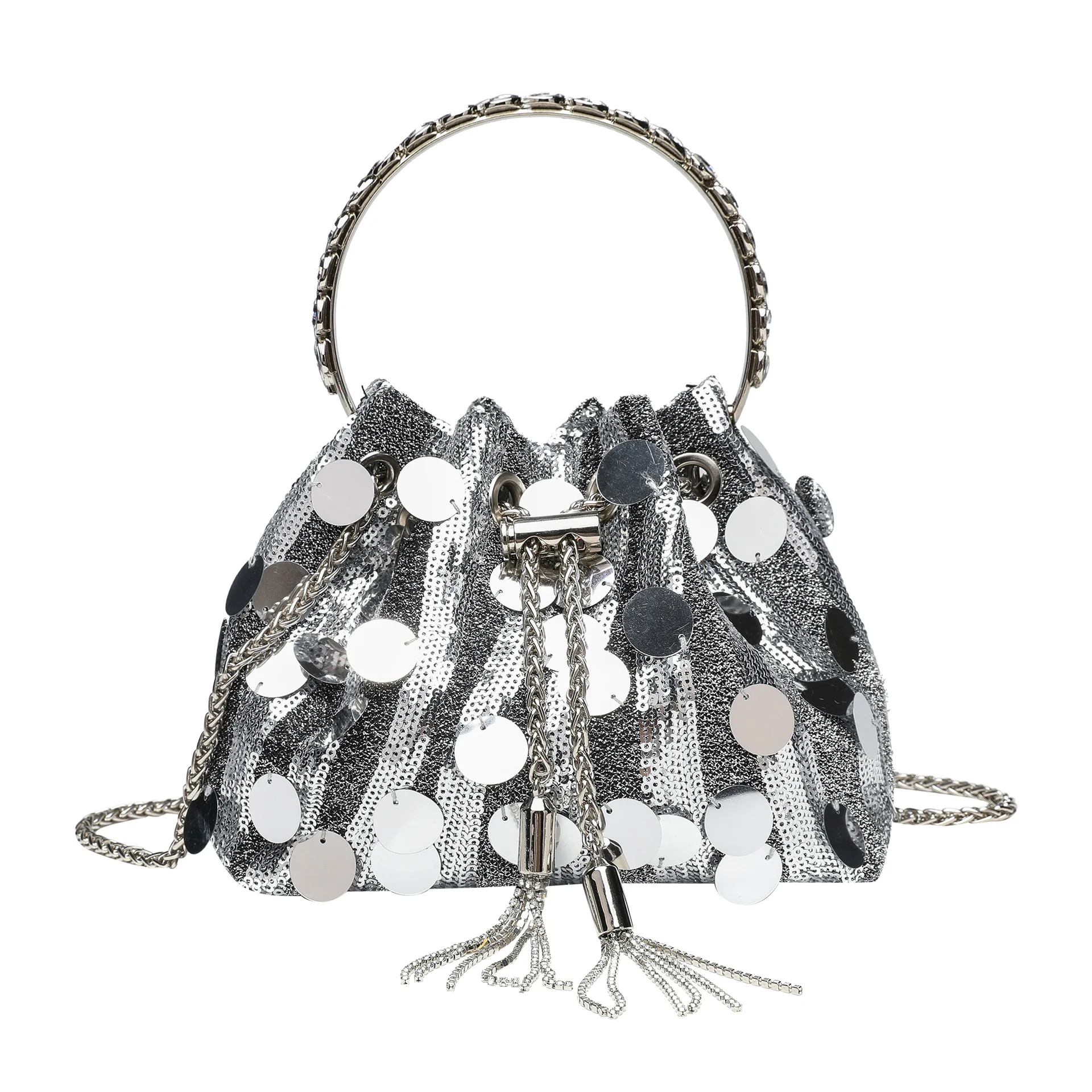 

Sequin Shoulder Bag Fashion Bucket Shiny Handbags Tassel Underarm Chain Crossbody Bags with Round Handle for Women Girl