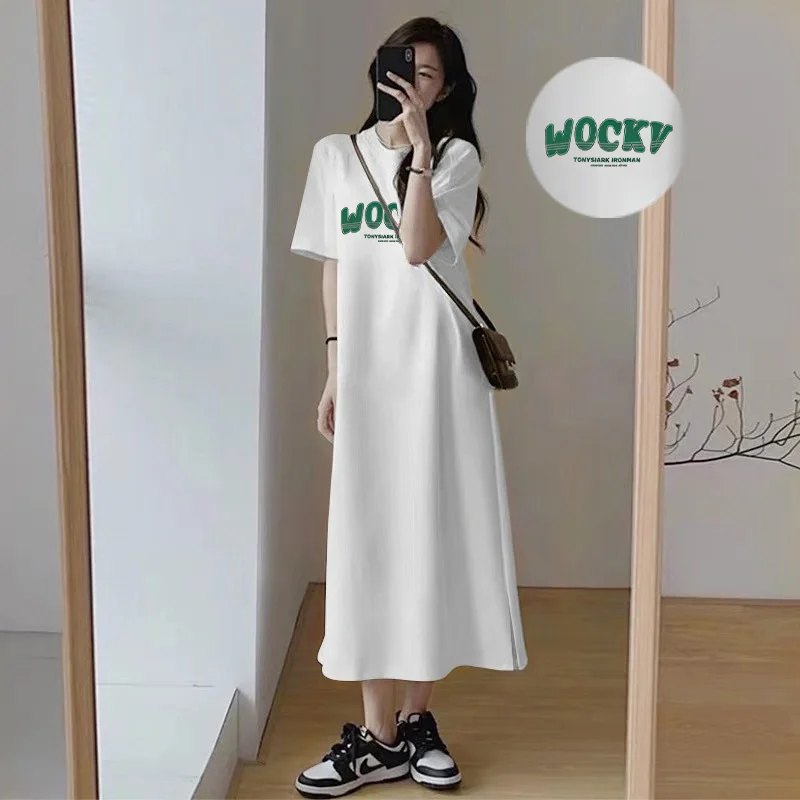 

Women WOCKV Letter Print Long T Shirt Dress Oversized Loose Maxi Tee Dress Casual Short Sleeve Soft Cotton Summer Dress
