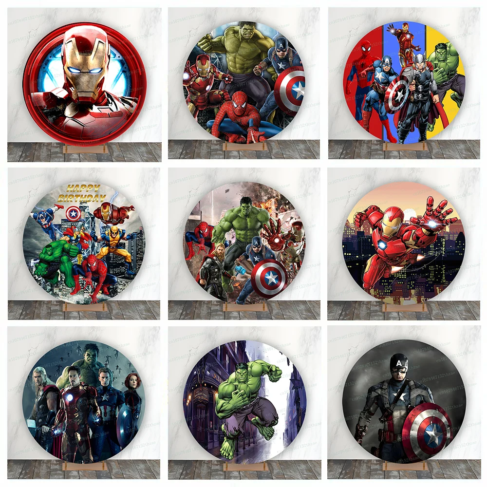 

Marvel Avengers Birthday Party Photo Background Baby Shower Round Photography Backdrop Cartoon Banner Decoration ﻿