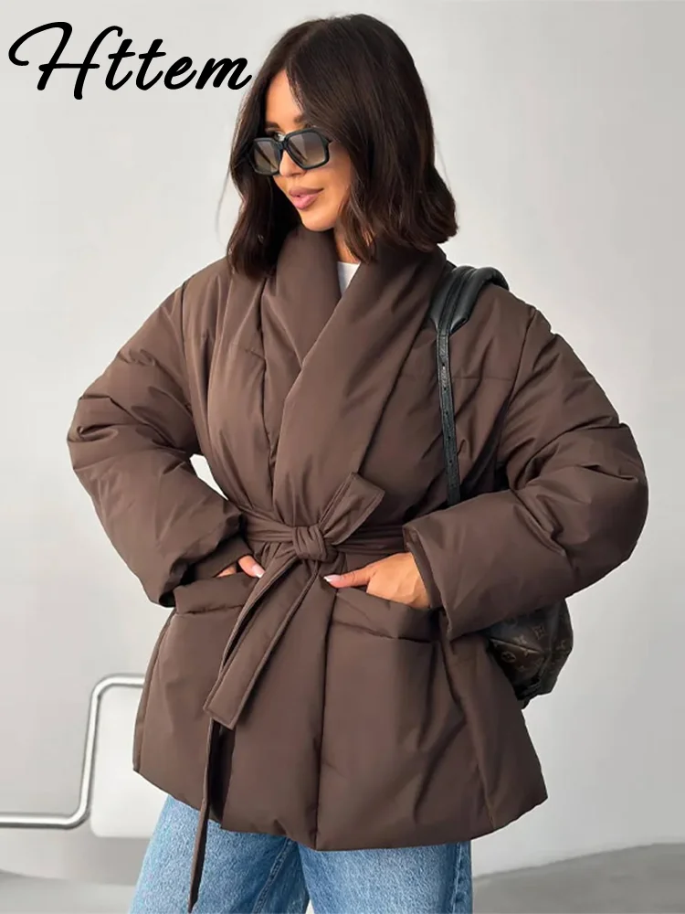 Warm Cotton-padded Lace Up Jacket Women Solid Full Sleeve Stand Collar Loose Jackets Female 2025 Autumn Thicken Outwear Lady New