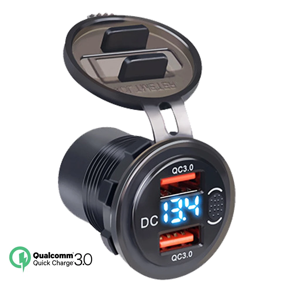 Car Charger QC3.0 Dual USB Cigarette Lighter Socket Phone Charger Waterproof With Voltmeter Switch 12V 24V Quick Charge Adapter