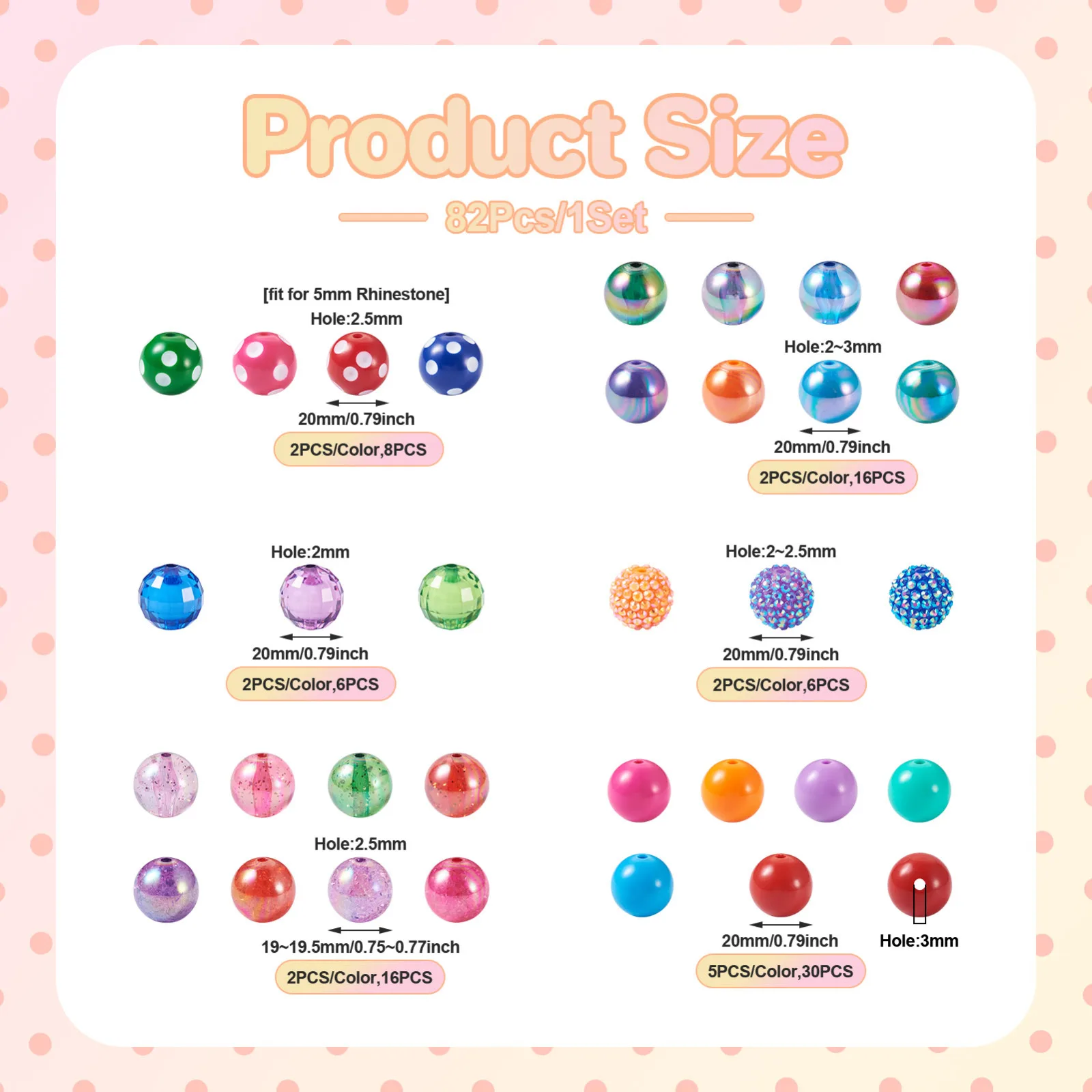 60-82Pcs 20mm Bubblegum Round Acrylic Beads Colorful for Beads DIY Women Girls Necklace Bracelet Keychain Making Accessories