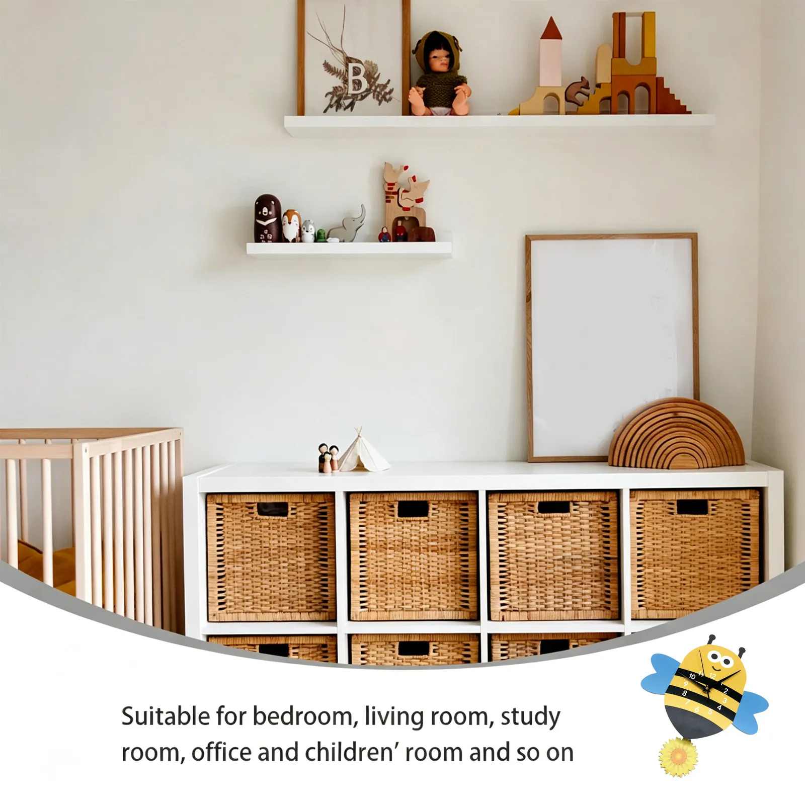 Cartoon Bee Shape Nordic Style Wall Clock Silent Movement Large Arabic Numerals for Bedroom Living Room Office Decoration