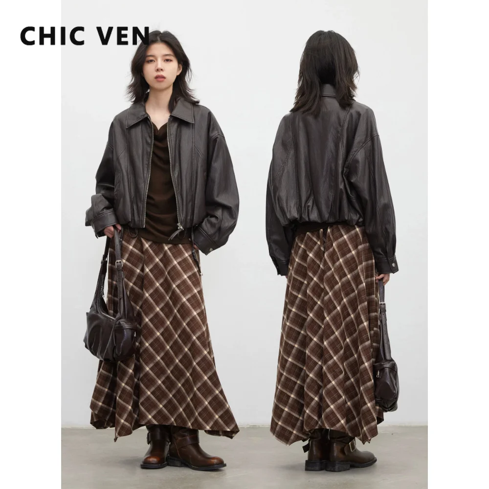 CHIC VEN New Korean Women PU Jackets Zipper Solid Drawstring Motorcycle PU Overcoat Female Short Top Spring Autumn 2026
