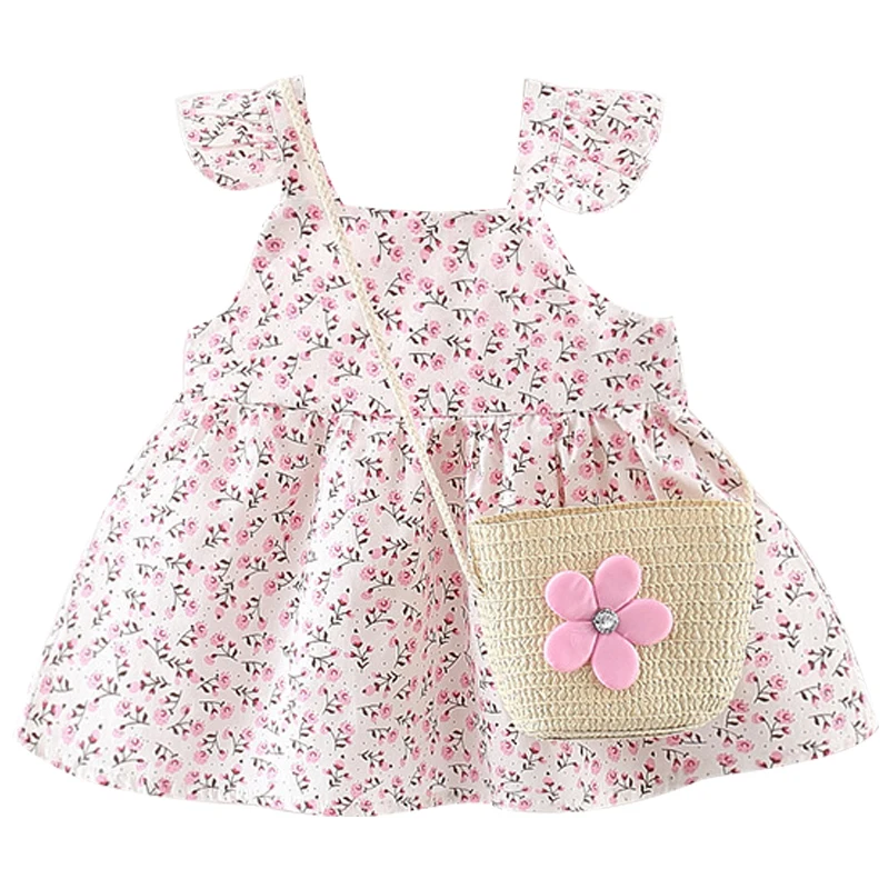 2Piece Summer Outfit Toddler Girls Dresses Korean Cute Flowers Sleeveless Cotton Princess Beach Baby Dress 0 To 12 Months BC415