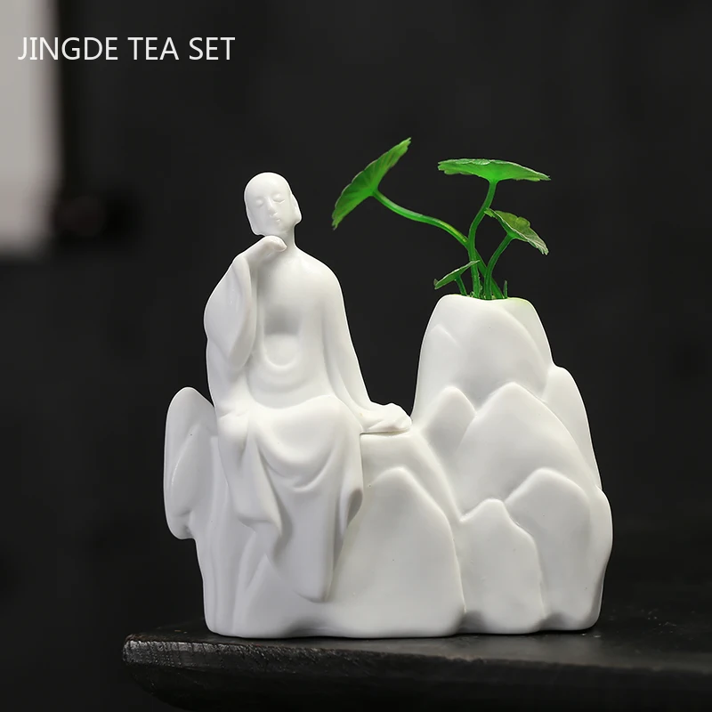 Boutique White Porcelain Tea Pet Figure Statue Handmade Ceramics Small Monk Ornaments Tea Set Decoration Accessories Crafts