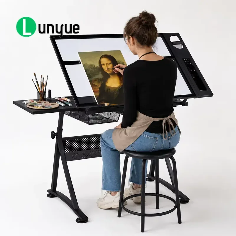 Modern Height Adjustable Art Drawing Table Tilting Drafting Desk Stool 5-Angle Desktop School Art Furniture Grey