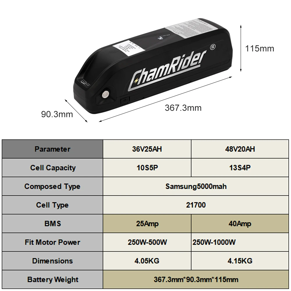 Electric Bike Battery Hailong 2 48V20AH ChamRider Original Battery 40A BMS 21700 Cells