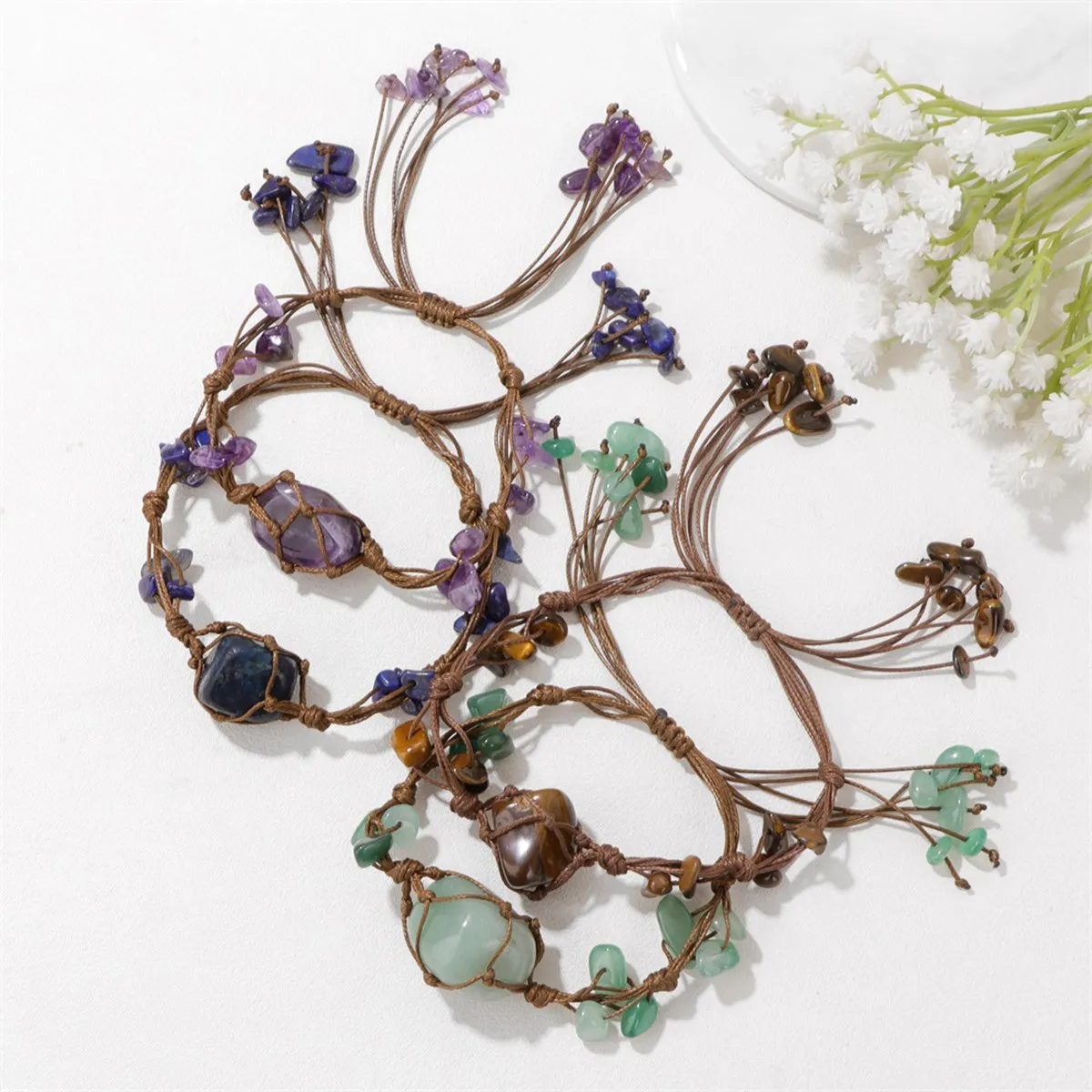 بوهو هبط الجمشت سوار للنساء الرجال قابل للتعديل اليدوية المنسوجة شبكة الخام رقاقة حجر الخرز الإسورة المجوهرات #4