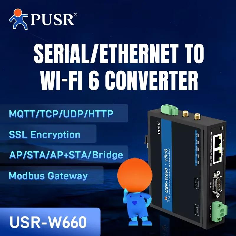 

PUSR Dual Band Serial to WiFi6 Converter with MQTT SSL Quacomm Gigabit Port RS232 RS485 to WiFi6/Ethernet serial server USR-W660