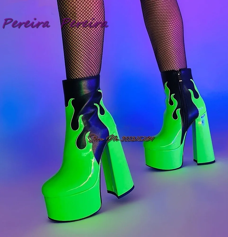 Neon Green Platform Boots Patent Leather Strange Chunky Heel Boots Black Matte Torch Shaped Patchwork Short Booties New arrival