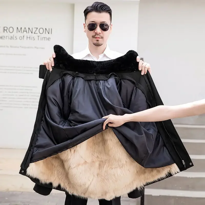 100% Wool Winter Men Fur Coat Fur One Liner Warm Thickened Sheepskin Cotton Coat Long Hair Coat Fur Collar Hooded