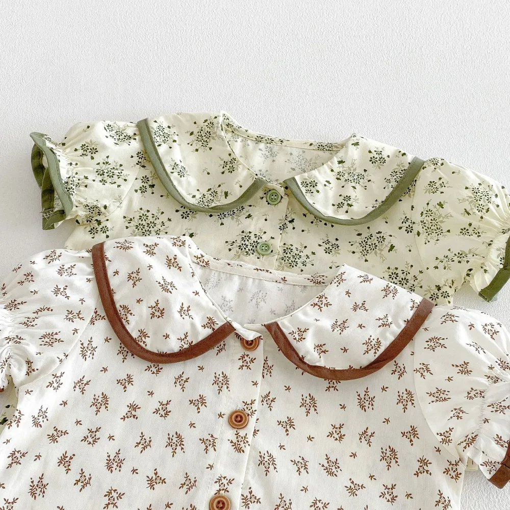 Cute Newborn Baby Girl Clothing Set 0-3Years Infant Kids Short Sleeve Peter Pan Collar Flower T-shirt +Bloomers 2PCS Clothes