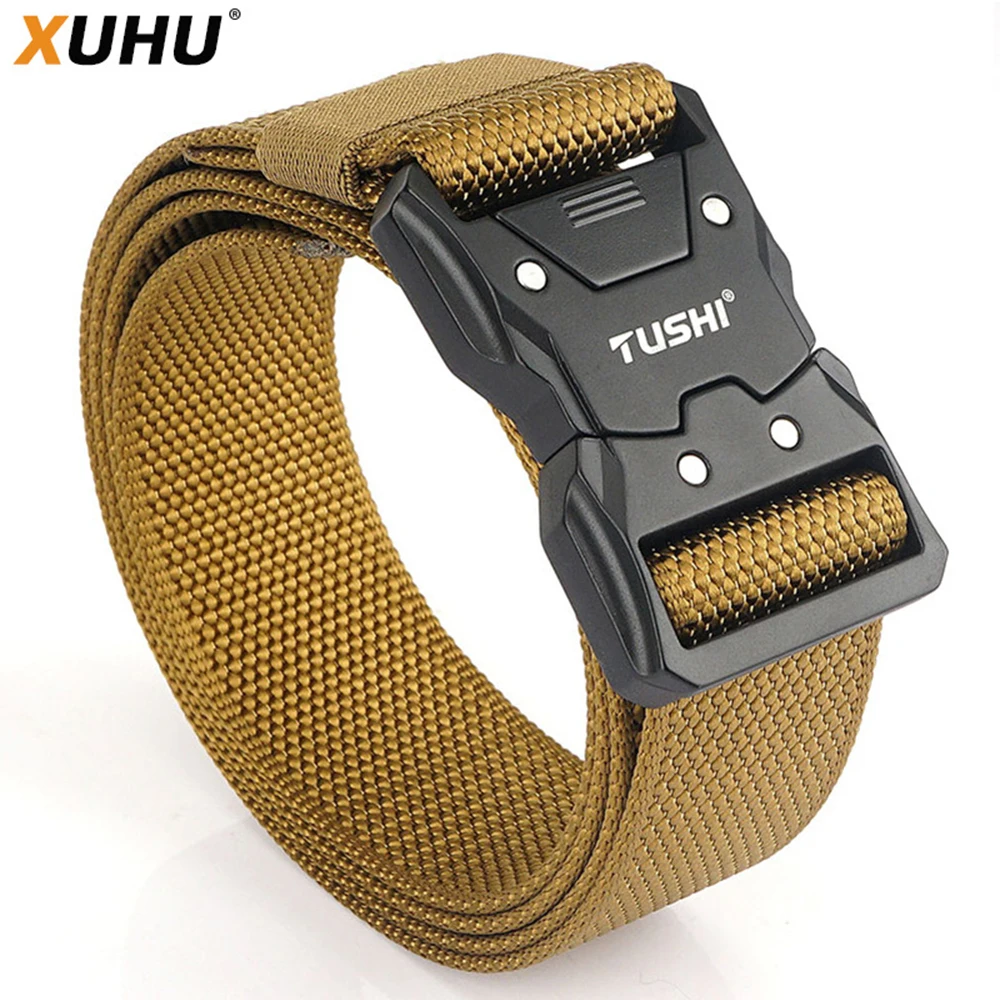 XUHU New Unisex Elastic Belt Hard Alloy Quick Release Buckle Tough Stretch Nylon Men\'s Military Tactical Belt Work Accessories