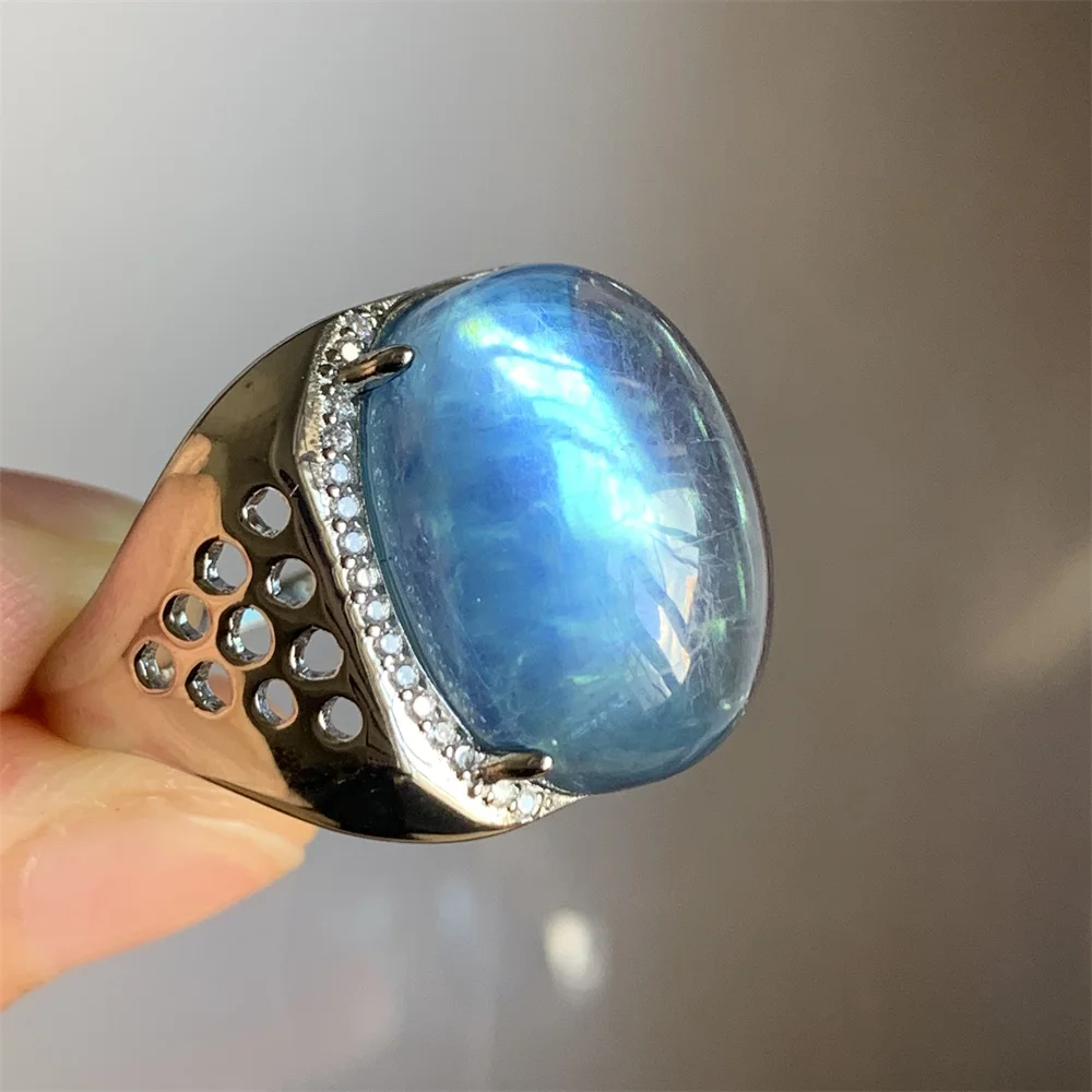 

Unusual Natural Icy Ocean Blue Aquamarine Ring Women Oval Transparent Fluorescent Light Aquamarine Bead Jewelry 925 Silver AAAAA