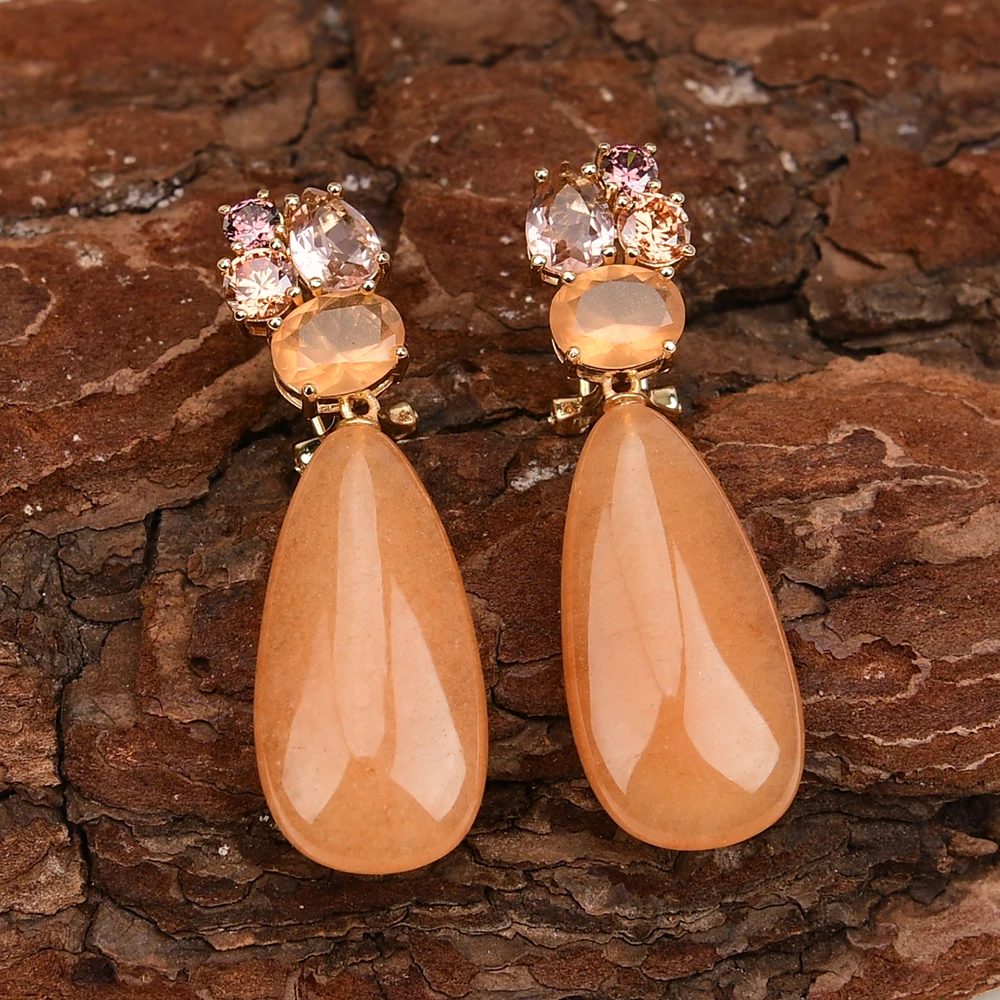 GG Natural Stone Yellow Jades Mix Color Crystal Gold Color Teardrop Stud Earrings Luxury Lady Party Jewelry Cute Gifts