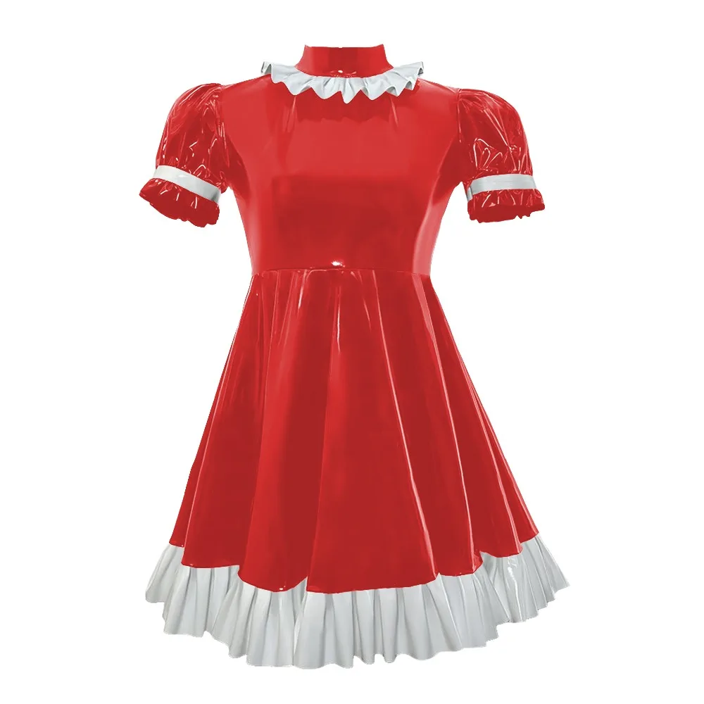 

Lolita Puff Short SleevesA-line Dresses Wet Look Ruffles PVC Leather Mini Dress Sissy Back Zipper Pleated Cosplay Maid Costume