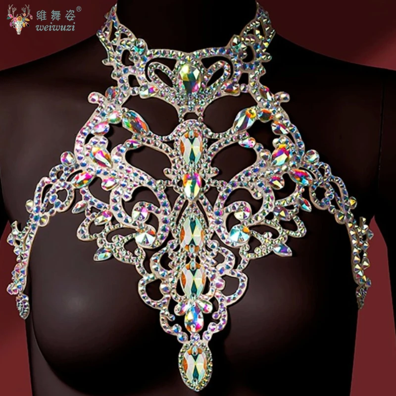Belly Dance Competition Accessories Women's Senior AB Stones Necklace Profession Performance Ornament Oriental Dance Chest Chain