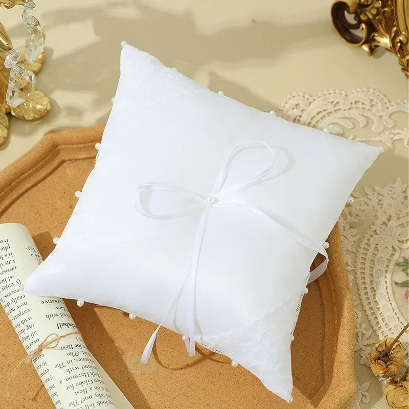 1pc Pearl Edge Wedding Ring Pillow 7.87in(20cm) Bowknot Wedding Supply Ring Bearer Pillow Ring Gasket Satin Flower Girl