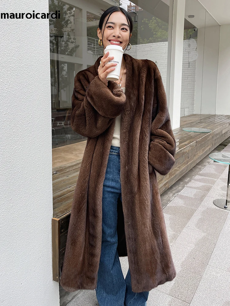 Mauroicardi Winter Long Brown Thick Warm Soft Fluffy Faux Mink Fur Coat Women V Neck Loose Chic Stylish Luxury Designer Clothes