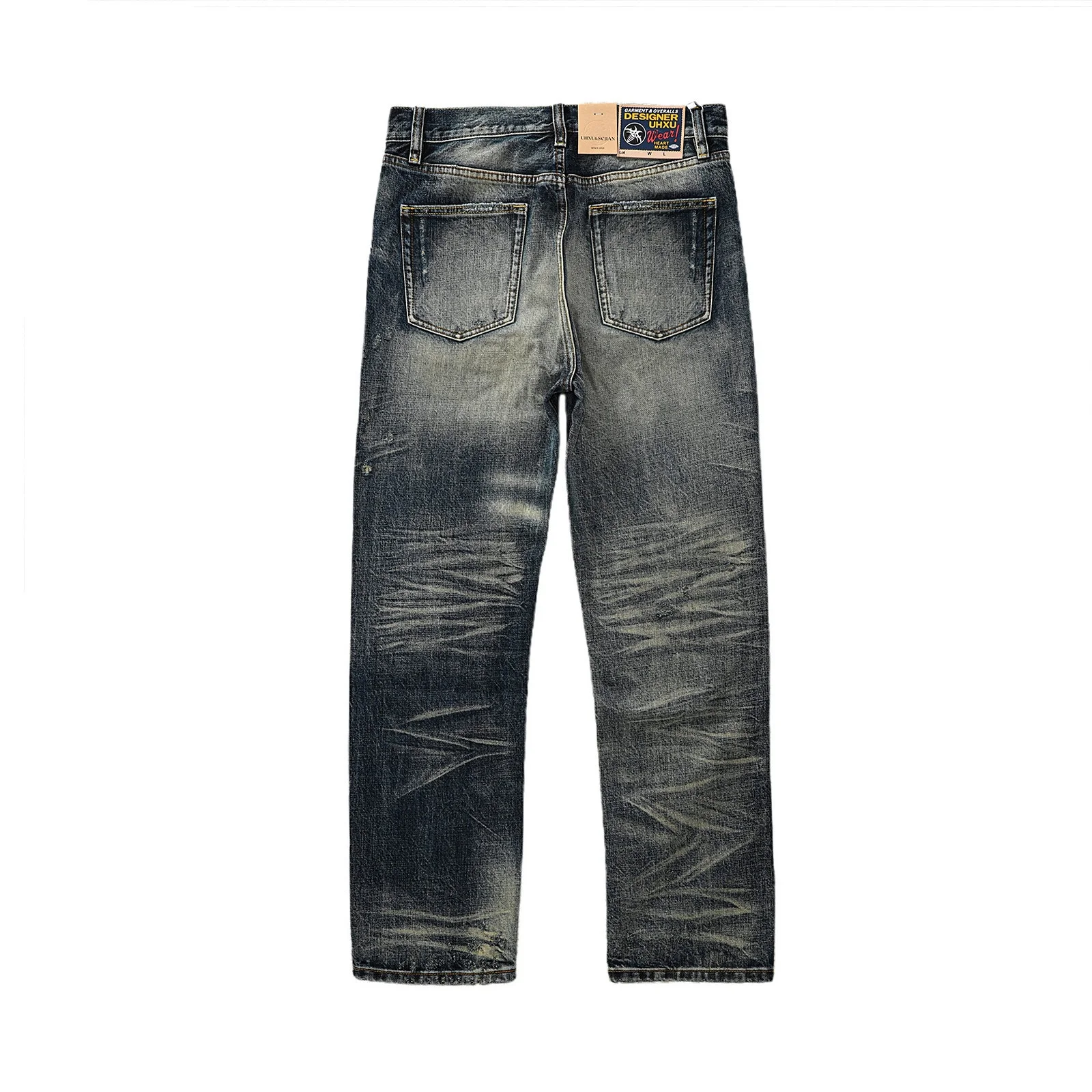 Heavyweight Yellow Mud Contrast Color Vintage American Loose Fit Distressed Jeans High-Street Edgy Style Straight Pants for Men