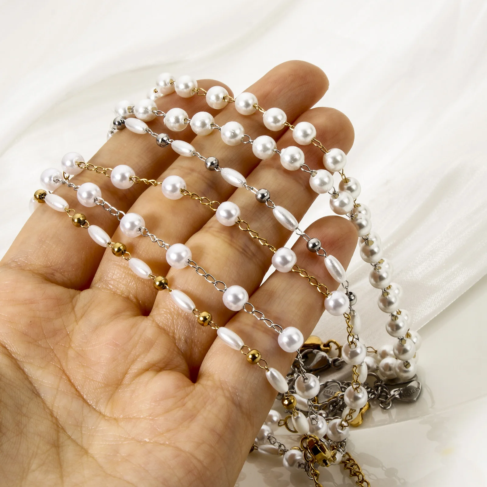 1 Piece 304 Stainless Steel Anklet Acrylic Imitation Pearl Handmade Link Chain Anklet Foot Summer Beach Foot Leg Jewelry Gifts