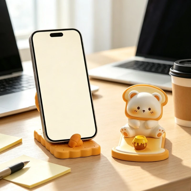 Cream Bear Phone Stand, Cute Toast & Honey Design Desktop Holder for Office Home Decor, Kawaii Gift for Girls