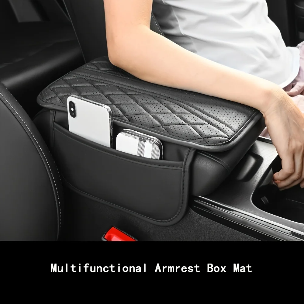 Universal Car Armrest Box Mat, Black PU Leather Armrest Cover with Storage Pocket, Comfortable Elbow Support Cushion for SUV/Tru view 3