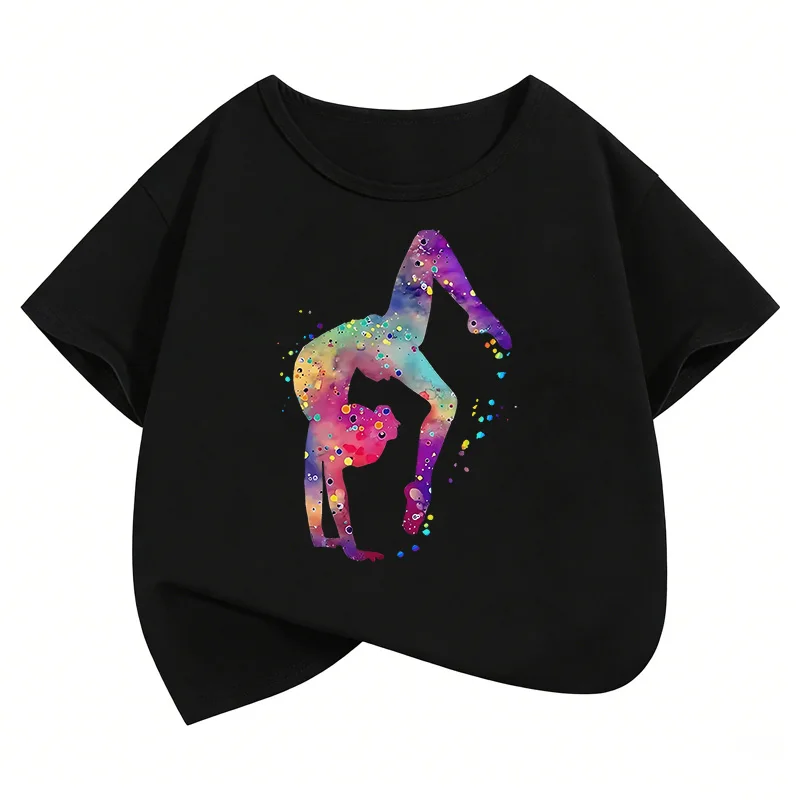 

Fun Dancing Girl Patterned Print T-shirt - Short-sleeved Trendy Children's Shirt. I Love Gymnastics. Elegant Top with Printed