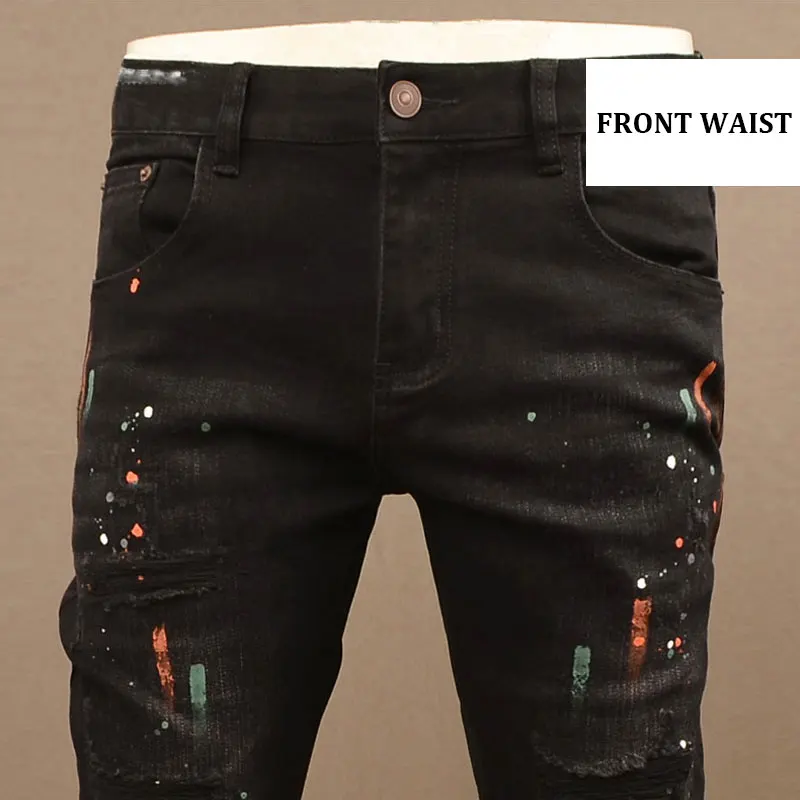 

High Street Fashion Designer Men Jeans Retro Black Gray Stretch Slim Fit Painted Ripped Jeans Men Y2K Vintage Denim Pants Hombre
