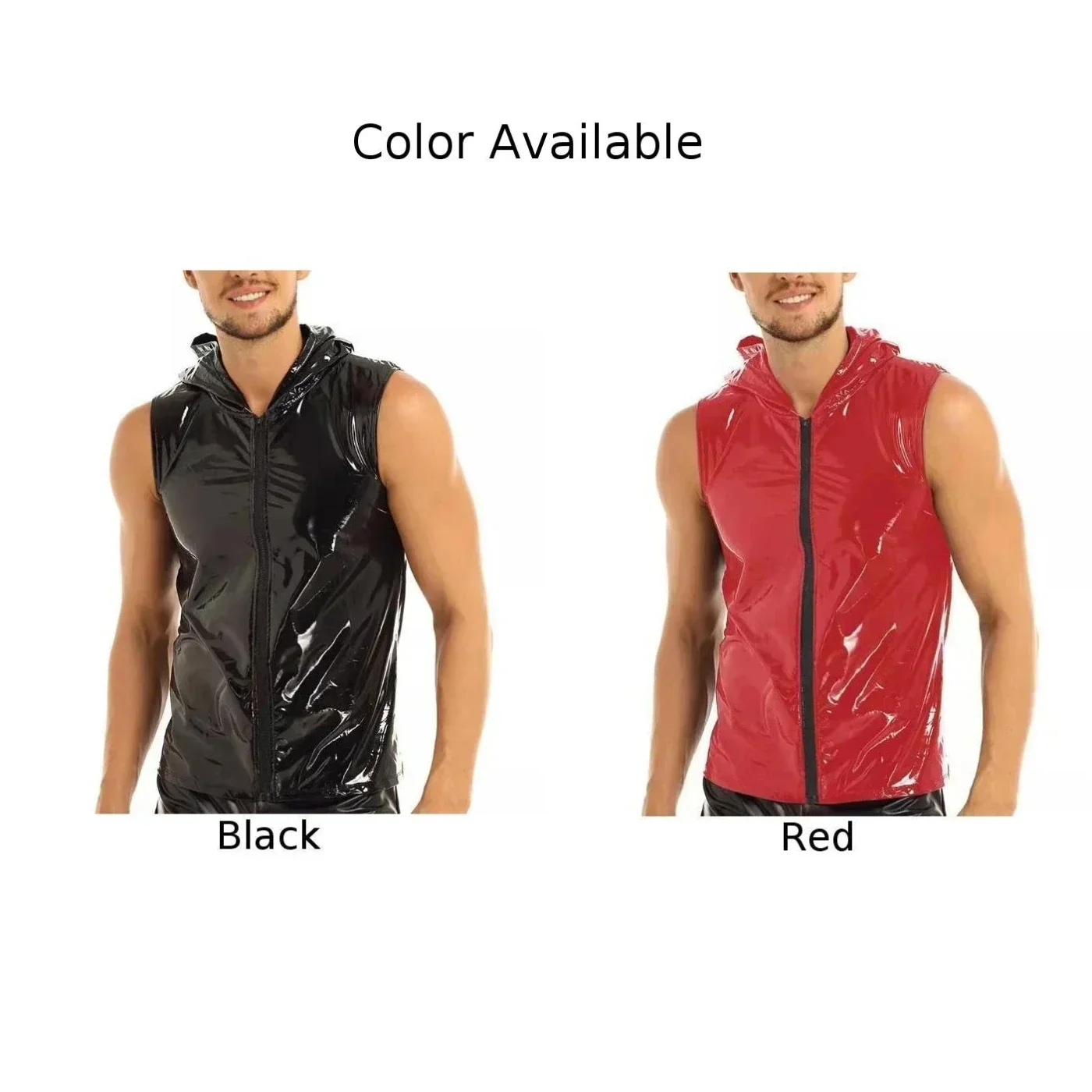 Solid Pattern Tank Tops Men\'s Summer Sleeveless T Shirt Wet Look Crop Top Faux Leather Regular Length Hooded Design