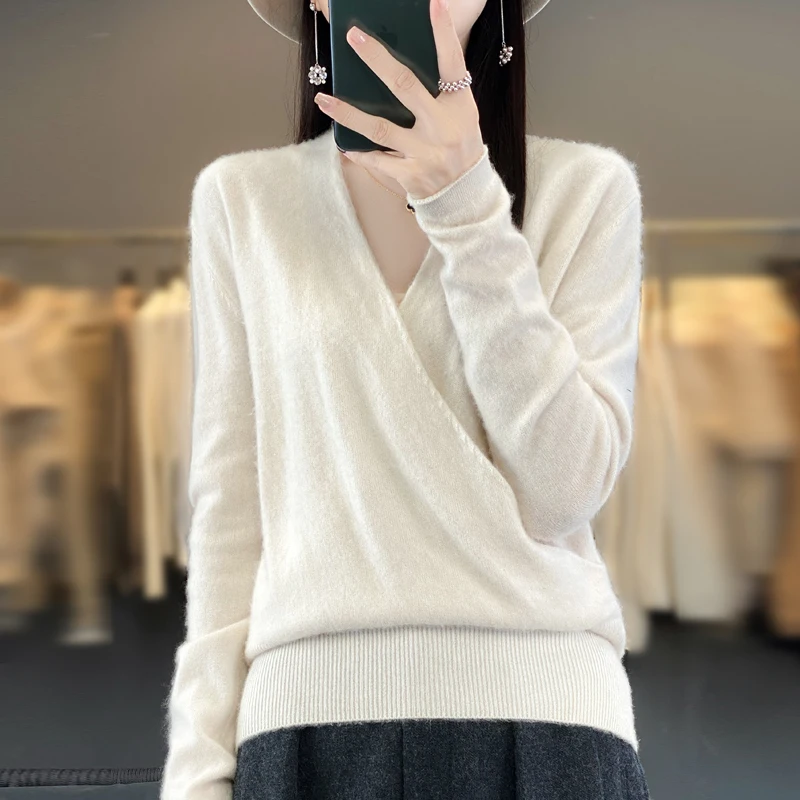 2024 new 100% pure wool women\'s V-neck knitted bottoming shirt blouse explosion cashmere sweater in autumn and winter