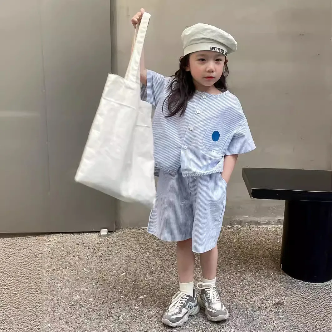 Girl Clothes Suit Korean Style 2024 New Spring and Summer Boys Vertical Bar Set  Children Loose Shirt Fashion Two-piece Set