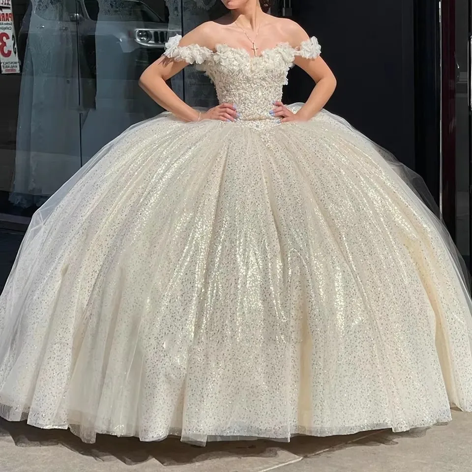 BOMARIS Champagne Ball Gown Quinceanera Dresses Vestidos De 15 Anos Glitter Appliques 3D Flower Formal Birthday Party Customized