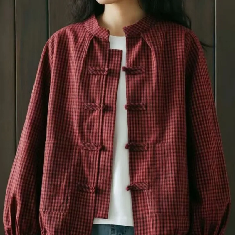 Chinese Style Women Plaid Linen Cotton Shirt Frog Button Lantern Sleeve Loose Casual Outerwear Coat