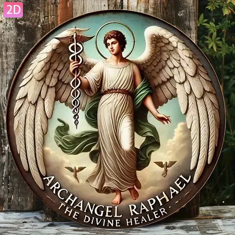 [2D Plano] 1 pieza de Arte Religioso del Arcángel Rafael, Sanador Divino | Placa Decorativa de Pared Vintage de Aluminio para Jardín, Cocina, Bar, Habitación