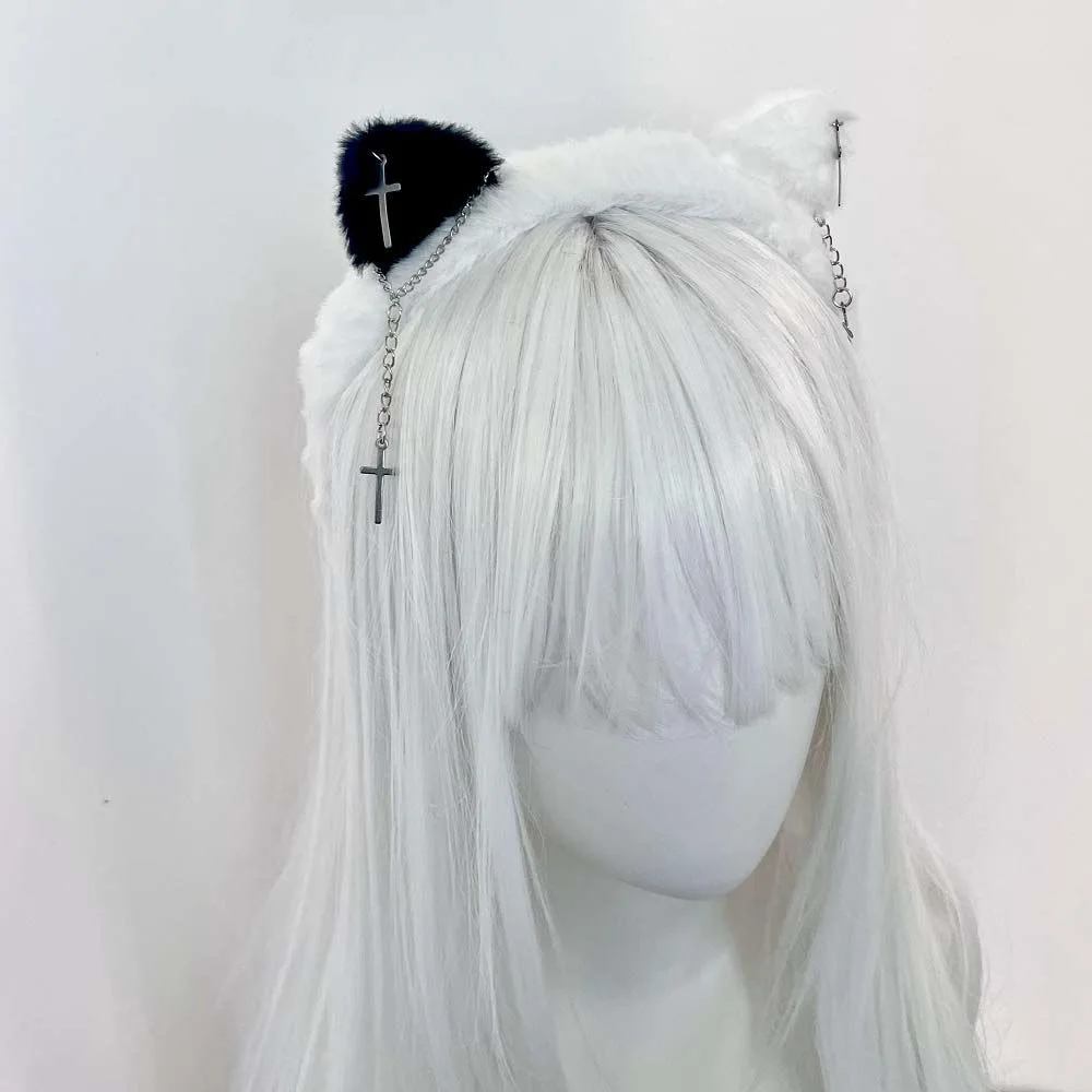 

Plush Cat Ear Lolita Headbands Girls Punk Chain Cross Sweet Cool Cute Headdress Furry Hair Bands Hoop Cosplay Party Headwear