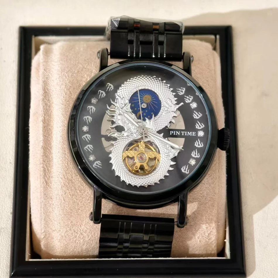 

Черные механические часы из нержавеющей стали с драконьим скелетоном, мужские наручные часы с фазами Луны и турбийоном, водонепроницаемые деловые часы для мужчин