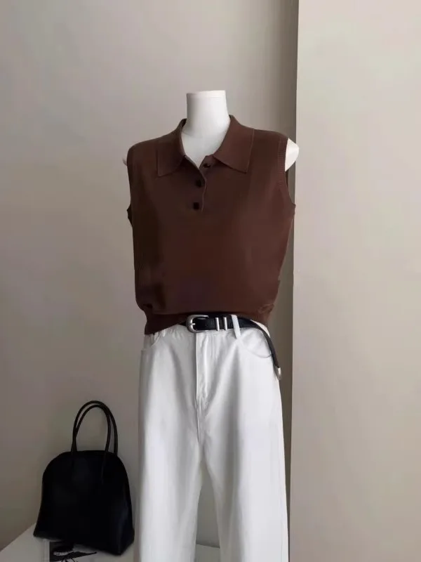 Ay Ice Silk irt Svel Gilet tricoté haut col rabattu été petite taille femme Faion mince col Henry T-s...