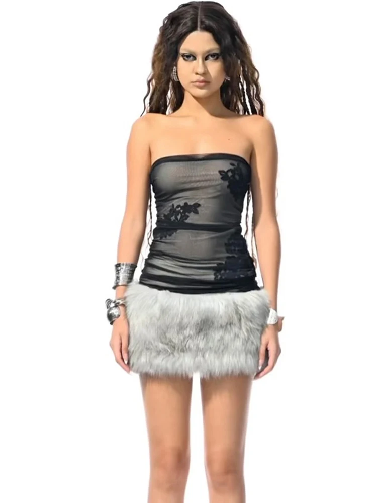 Estranho gato jacquard peludo retalhos vestido feminino sexy tendência malha dupla camada sem mangas estiramento magro meia-noite festa clubwear