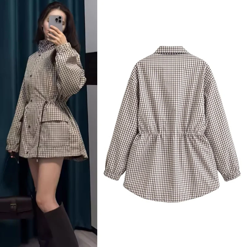 Oversize Women Jacket Drawstring Waist Plaid Coat Windbreaker Mid-Length Female Jackets 2026 Autumn New Chic Women's Outerwear image 2