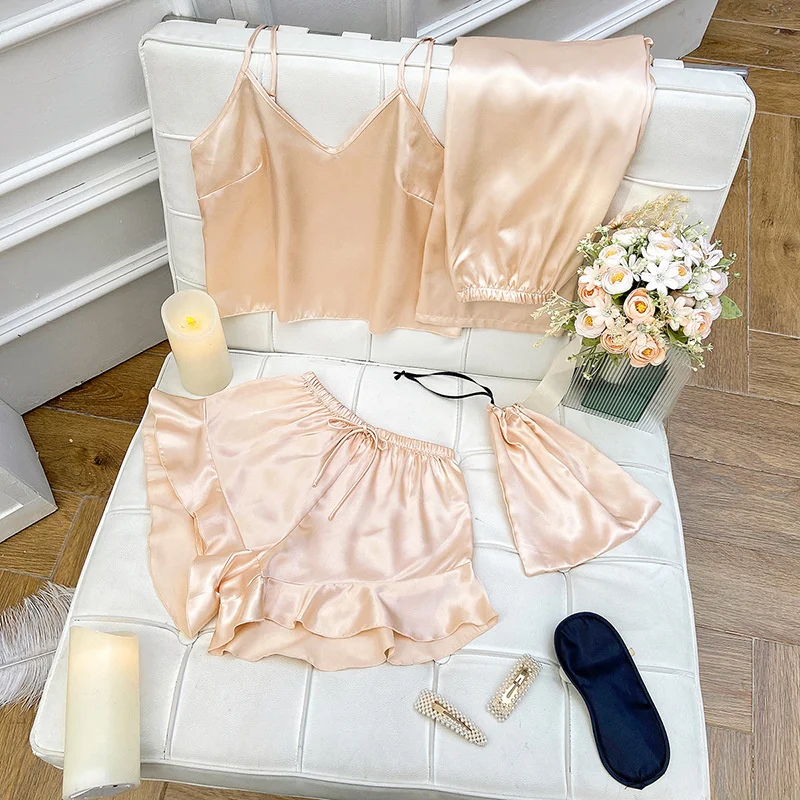 

Spring Summer Thin Champagne Three-piece Pajamas Suspenders Shorts Trousers Home wear Leisure Soft Pajama Set