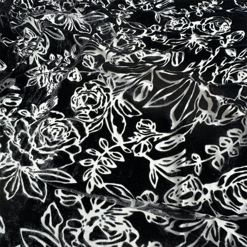 Pink Black Silk Etched-out Velvet Fabric Silk Velvet Rose Flower Micro Transparent Skirt Cheongsam Formal Dress Fabric