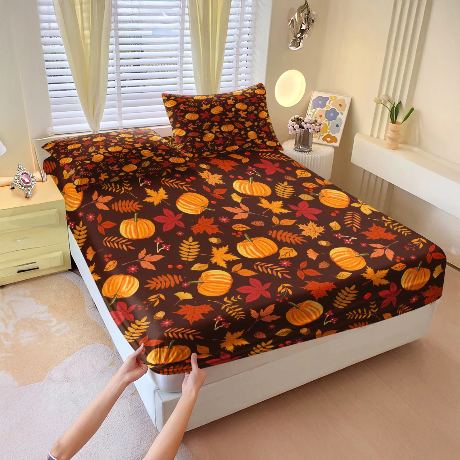 Dark Brown Background Fall Pumpkin Berry Maple Leaf Fitted Sheet Set Harvest Themed Bedding Mattress Protector For Bedroom Dorm
