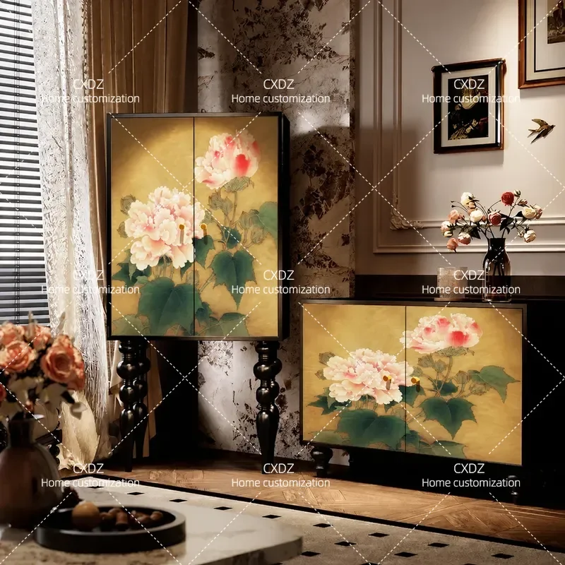 French Chinese style Chinese peony solid wood tall cabinet living room wall storage dining room locker entrance decorative