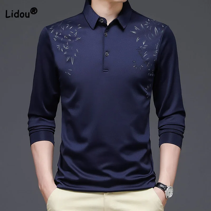 2023 Business Office Casual Polo Shirt Men\'s Fashion Trend Long Sleeve Printed Patchwork T-shirt Spring Autumn Male Clothes