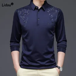 2023 Business Office Casual Polo Shirt Men's Fashion Trend Long Sleeve Printed Patchwork T-shirt Spring Autumn Male Clothes