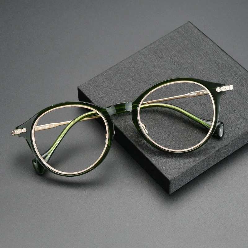 

Japanese Retro OTW6027 Round Handmade Glasses Frames for Women Anti Blue Light Titanium Prescription Acetate Men Eyewear Myopia