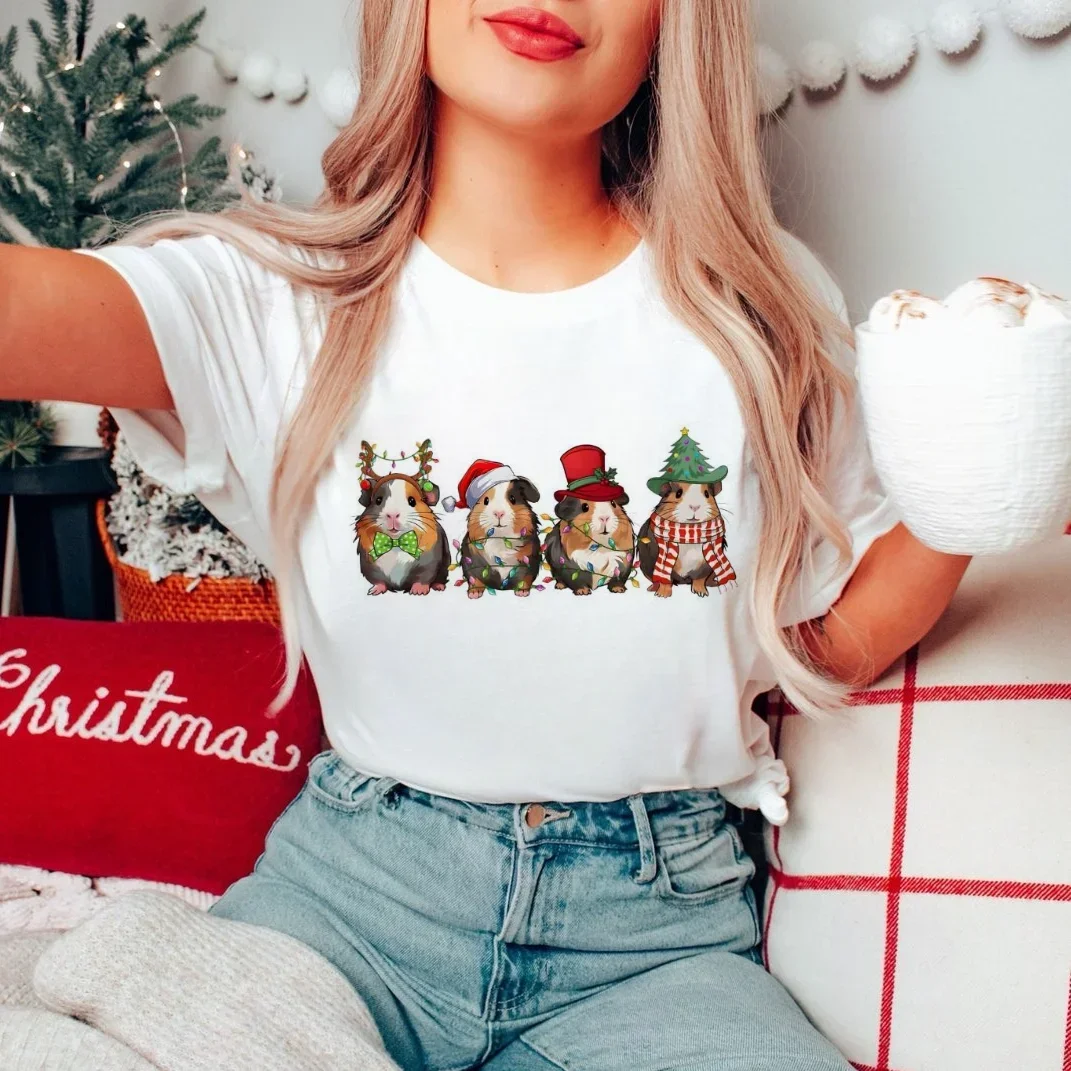 Top Short Sleeve Casual Funny Christmas Guinea Pig Santa Hat T-Shirt Women's Clothing Fashion T-Shirt Women's Pattern Loose T-Sh