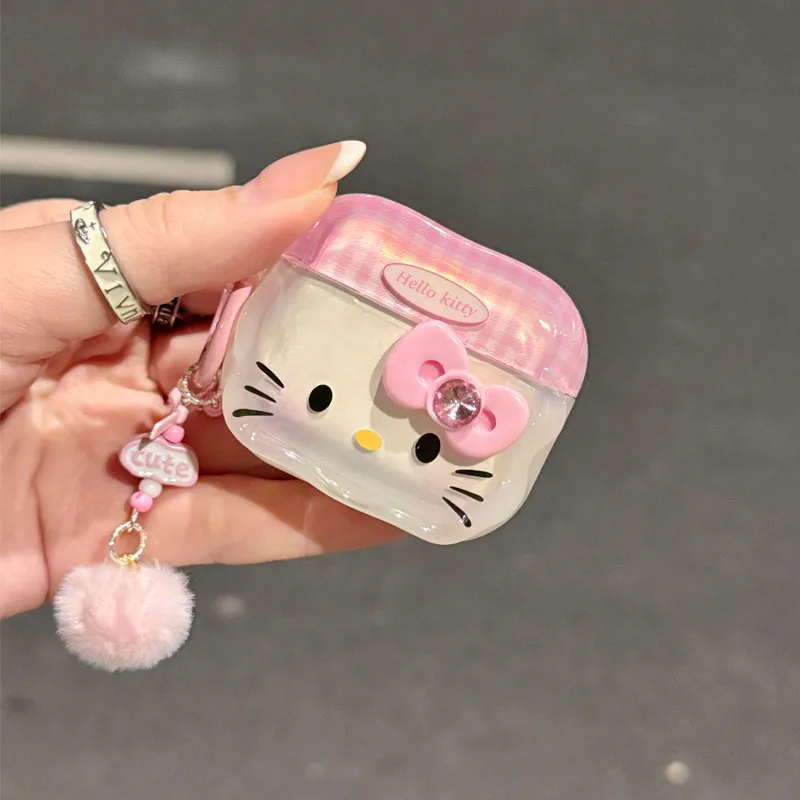 Cartoon Pink Kitty Cat Bow Earphones Case for Apple AirPods Pro 3 Pro2 4 3 2 1  Protective Sleeve with Keychain - view 3